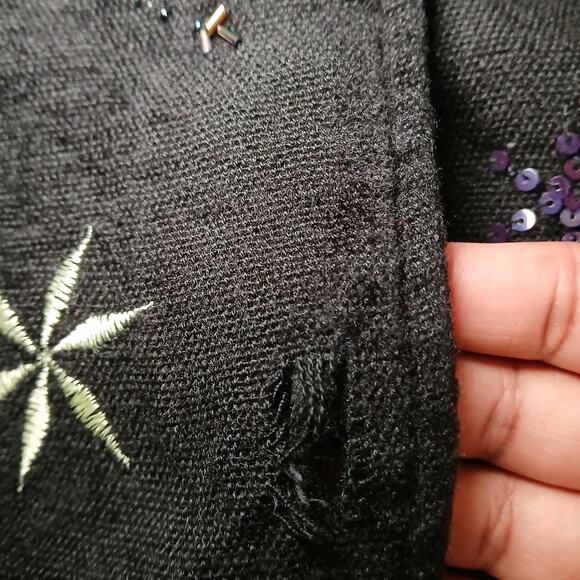 White Stag L 12/14 Black Button Front Jacket Embroidered Beaded Starburst Floral - Picture 7 of 9
